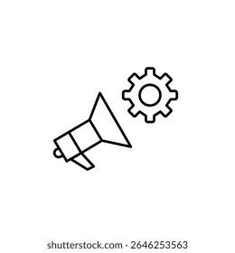 Megaphone and cogwheel. Announcement settings, communication control, marketing configuration, broadcast management, notification preferences Pixel perfect, editable stroke vector icon