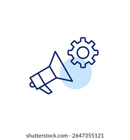 Megaphone and cogwheel. Announcement settings, communication control, marketing configuration, broadcast management, notification preferences Pixel perfect, editable stroke vector icon