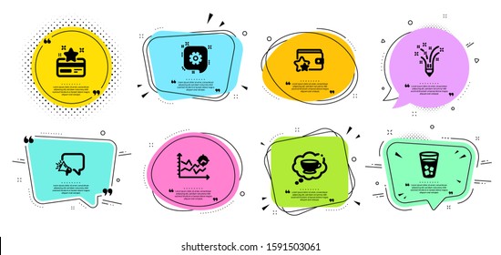 Megaphone, Cogwheel and Seo analysis line icons set. Chat bubbles with quotes. Inspiration, Coffee cup and Loyalty program signs. Ice tea, Loyalty card symbols. Brand message, Engineering. Vector