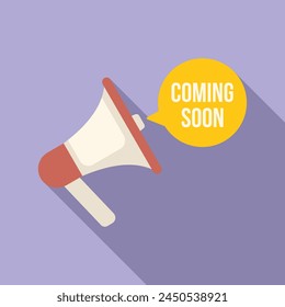 Megaphone coming soon icon flat vector. New add brand. Arrival release