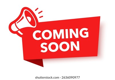 Megaphone com em breve balão de fala. Alto-falante. Banner para negócios, marketing e publicidade. Ilustração vetorial.	