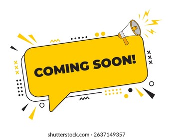 Megaphone with Coming Soon speech bubble banner. Loudspeaker. Can be used for business, marketing and advertising.