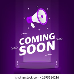 Megaphone with coming soon text in the air. Banner for business, marketing and advertising on purple background. Vector illustration.