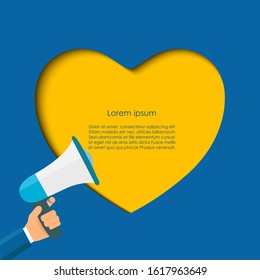 Megaphone for communication. Heart shaped template. Vector illustration