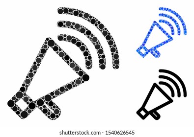 Megaphone composition of filled circles in variable sizes and color tinges, based on megaphone icon. Vector filled circles are composed into blue collage.