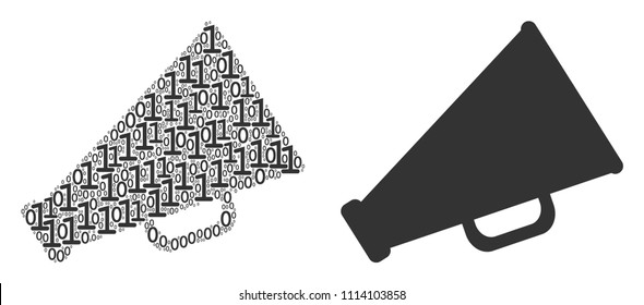 Megaphone composition icon of binary digits in different sizes. Vector digits are randomized into megaphone illustration design concept.