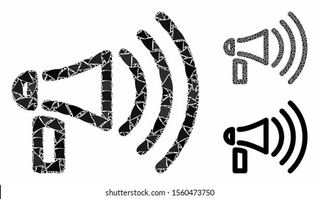 Megaphone composition of rugged elements in variable sizes and color tones, based on megaphone icon. Vector trembly pieces are grouped into collage. Megaphone icons collage with dotted pattern.
