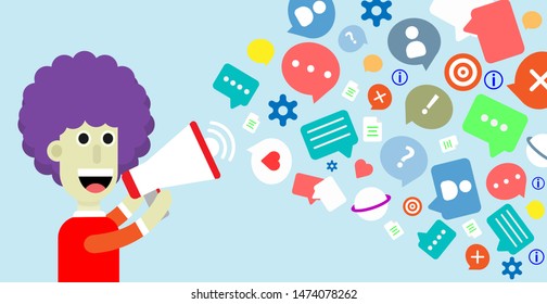 Megaphone concept.Man holding a megaphone surrounded by media icons.
Communication concept.
