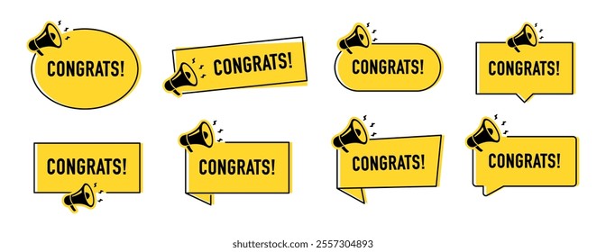 Megaphone with congrats speech bubble. Loudspeaker. Banner for business, marketing and advertising. Vector illustration