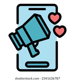 Vector de contorno del icono del plan de contenido megáfono. Medios digitales. Color del mercado de Seo plano