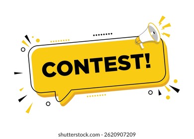 Megaphon mit Contest-Sprechblasenbanner. Lautsprecher. Kann für Unternehmen, Marketing und Werbung verwendet werden.