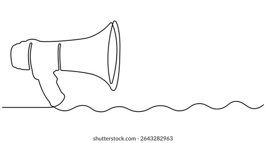 Icono de línea continua del megáfono, anuncio del megáfono del arte de línea, un megáfono continuo del altavoz del dibujo de una sola línea, un dibujo continuo de la línea del icono del anuncio.