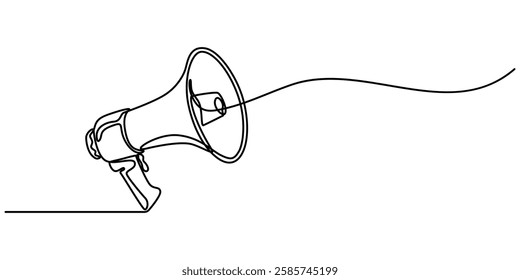 Megaphone Continuous Line Icon, Continuous line drawing representing a megaphone for announcing or protesting. Vector illustration, Loudspeaker one line continuous. Line art megaphone. Hand drawn pro.