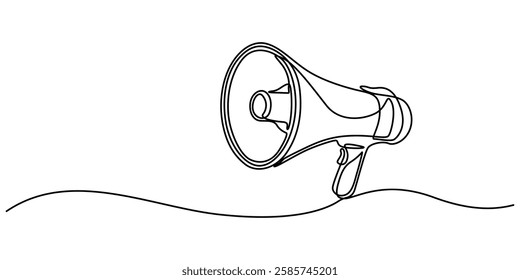 Megaphone Continuous Line Icon, Continuous line drawing representing a megaphone for announcing or protesting. Vector illustration, Loudspeaker one line continuous. Line art megaphone. Hand drawn pro.