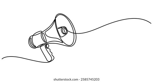 Megaphone Continuous Line Icon, Continuous line drawing representing a megaphone for announcing or protesting. Vector illustration, Loudspeaker one line continuous. Line art megaphone. Hand drawn pro.