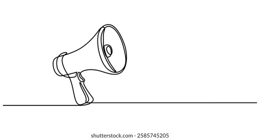 Megaphone Continuous Line Icon, Continuous line drawing representing a megaphone for announcing or protesting. Vector illustration, Loudspeaker one line continuous. Line art megaphone. Hand drawn pro.