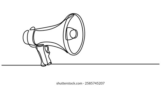 Megaphone Continuous Line Icon, Continuous line drawing representing a megaphone for announcing or protesting. Vector illustration, Loudspeaker one line continuous. Line art megaphone. Hand drawn pro.