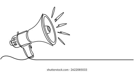 Megaphone Continuous Line Icon, Continuous line drawing Holding by hand megaphone Speaker Single Line Icon vector illustration, Megaphone icon continuous one line drawing, Public horn speaker in one.