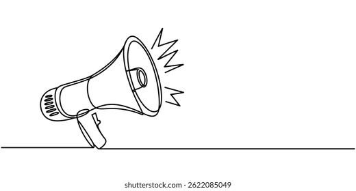 Icono de línea continua de megáfono, Dibujo de línea continua Sosteniendo por mano megáfono Altavoz Icono de línea única, Ilustración vectorial de línea continua de ícono de megáfono, Altavoz de bocina pública en uno.
