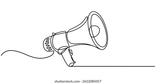 Megaphone Continuous Line Icon, Continuous line drawing Holding by hand megaphone Speaker Single Line Icon vector illustration, Megaphone icon continuous one line drawing, Public horn speaker in one.