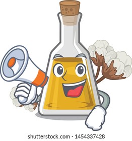 With megaphone cottonseed oil in a mascot bottle