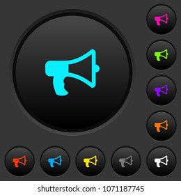 Megaphone dark push buttons with vivid color icons on dark grey background
