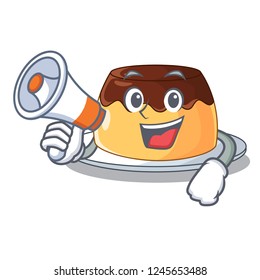 With megaphone delicious chocolate pudding with on cartoon