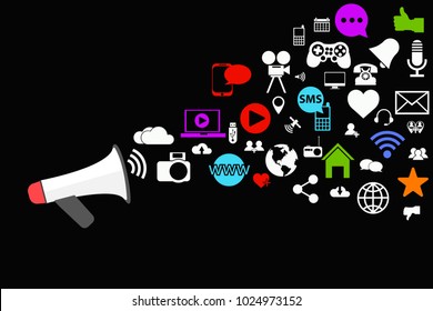 Megaphone with different social media icons on black background. Te power of internet and the freedom of speech online concept. Eps vector illustration