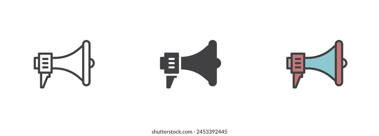 Megáfono conjunto de iconos de estilo diferente. Línea, glifo y contorno relleno versión colorida, contorno y Vector relleno signo. Altavoz, símbolo de anuncio, ilustración de logotipo. Vector gráfico