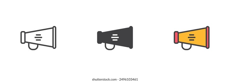 Conjunto de iconos de estilo diferente de megáfono. Línea, glifo y contorno relleno versión colorida, contorno y signo de Vector relleno. Anuncio, símbolo del altavoz, ilustración del logotipo. Gráficos de Vector