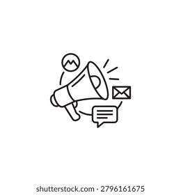 Megaphone and digital media communication line icon with megaphone, communicatio