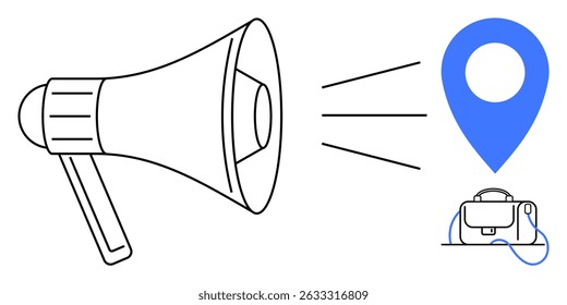 Megaphone directing sound waves toward a blue location marker and a wired electronic device. Ideal for marketing, advertising, GPS navigation, branding, communication, public announcements