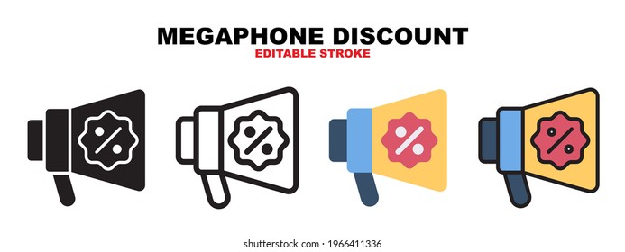 Megaphone Discount Icon Set mit verschiedenen Stilen. Symbole, die in den Farben Füllung, Umriss, flach, Glyphe und Linie entworfen wurden. Bearbeitbarer Strich und Pixel perfekt. Kann für Web, Mobile, ui und mehr verwendet werden.