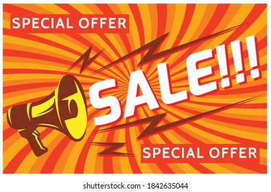 Megaphone. Discounts and sales. Elements for design. Template for an advertisement. Vector color illustration.