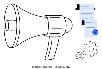 Megaphone, documents with a checkmark, and gears in a minimalistic style. Ideal for business communication, marketing, project management, process optimization, and corporate announcements