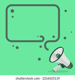 Dibujo Megáfono Con Burbuja De Conversación Que Muestra Nuevos Anuncios. Dispositivo Bullhorn Voice Con Globo De Voz Presentando Mensajes De Noticias Frescos E Importantes.