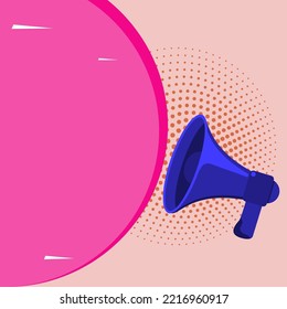 Dibujo Megáfono Con Burbuja De Conversación Que Muestra Nuevos Anuncios. Dispositivo Bullhorn Voice Con Globo De Voz Presentando Mensajes De Noticias Frescos E Importantes.