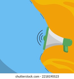Dibujo Megáfono Con Burbuja De Conversación Que Muestra Nuevos Anuncios. Dispositivo Bullhorn Voice Con Globo De Voz Presentando Mensajes De Noticias Frescos E Importantes.