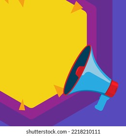 Megaphone Drawing With Conversation Bubble Showing New Announcement. Bullhorn Voice Device With Speech Balloon Presenting Fresh And Important News Messages.