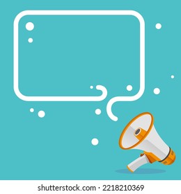 Dibujo Megáfono Con Burbuja De Conversación Que Muestra Nuevos Anuncios. Dispositivo Bullhorn Voice Con Globo De Voz Presentando Mensajes De Noticias Frescos E Importantes.