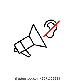 Megaphone and ear crossed. Audio notifications muted. Pixel perfect, editable stroke vector icon