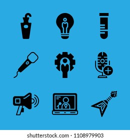 megaphone, electric guitar, microphone, idea, laptop, test tube, umbrella stand, microphone and manager vector icon. Simple icons set