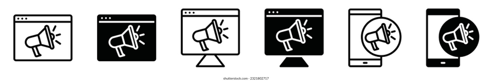 Megaphone with electronic devices icon. Social media marketing advertising icon symbol in line and flat style on white background with editable stroke for apps and websites. Vector illustration