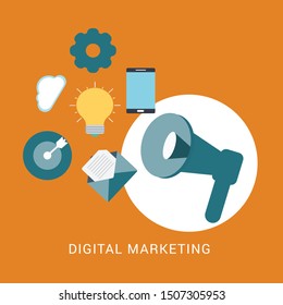 megaphone with elements investment and advertising