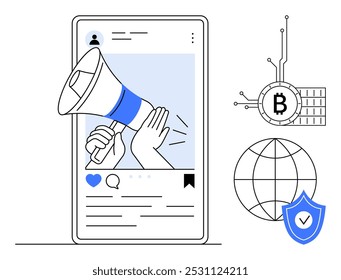 Megafone emergindo do smartphone, ícones de um globo, símbolo de blockchain e um escudo de segurança. Ideal para marketing digital, alcance de mídia social, criptomoeda, tecnologia blockchain