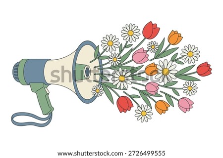 Megaphone emitting colorful spring flowers daisies tulips metaphor for peace speaking out for positive change message