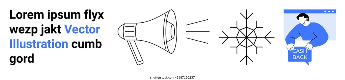 Megaphone emitting sound, pie chart illustration, person holding cashback sign. Ideal for marketing, advertising, promotions, announcement, presentations, social media, business newsletters. Landing