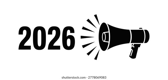 Megaphone emitting sound waves next to year number 2026 text