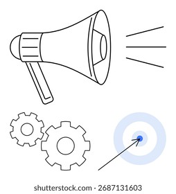 Megáfono que emite ondas sonoras, dos engranajes que representan el proceso y un objetivo con una flecha que golpea el centro. Ideal para marketing, estrategia de negocio, establecimiento de objetivos, gestión de proyectos, proceso
