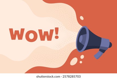 A megaphone emitting sound waves with Wow text on a vibrant abstract background in warm tones. Artistic and dynamic concept. Vector illustration